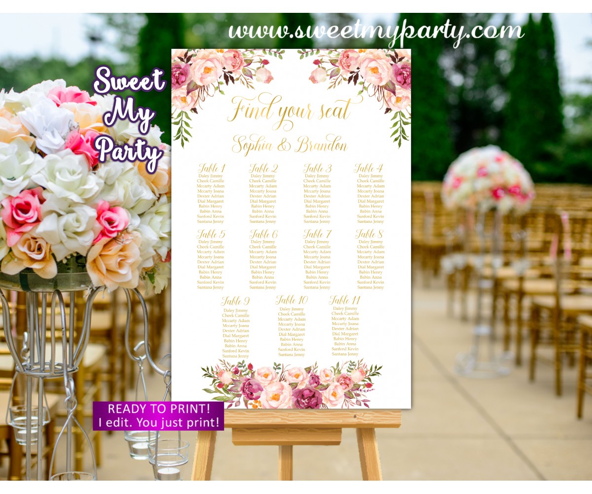 Floral Wedding Seating Charts,Blush Wedding Seating Plan, (31i)